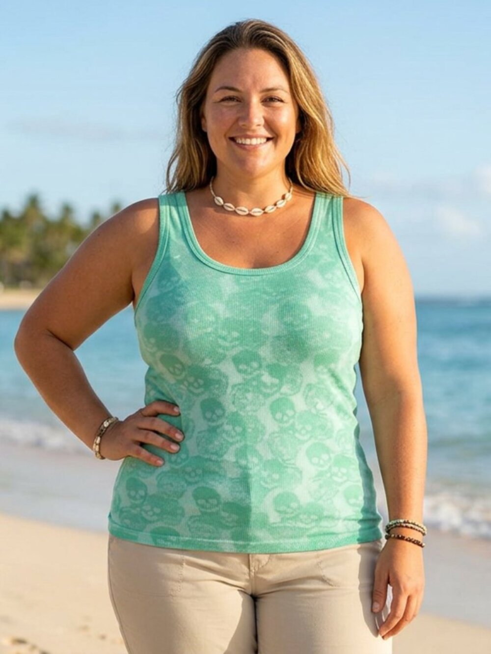 Upcycled Bleached Mint Green Rib Knit Tank Top Boho Skull Print Stretch Size XXL